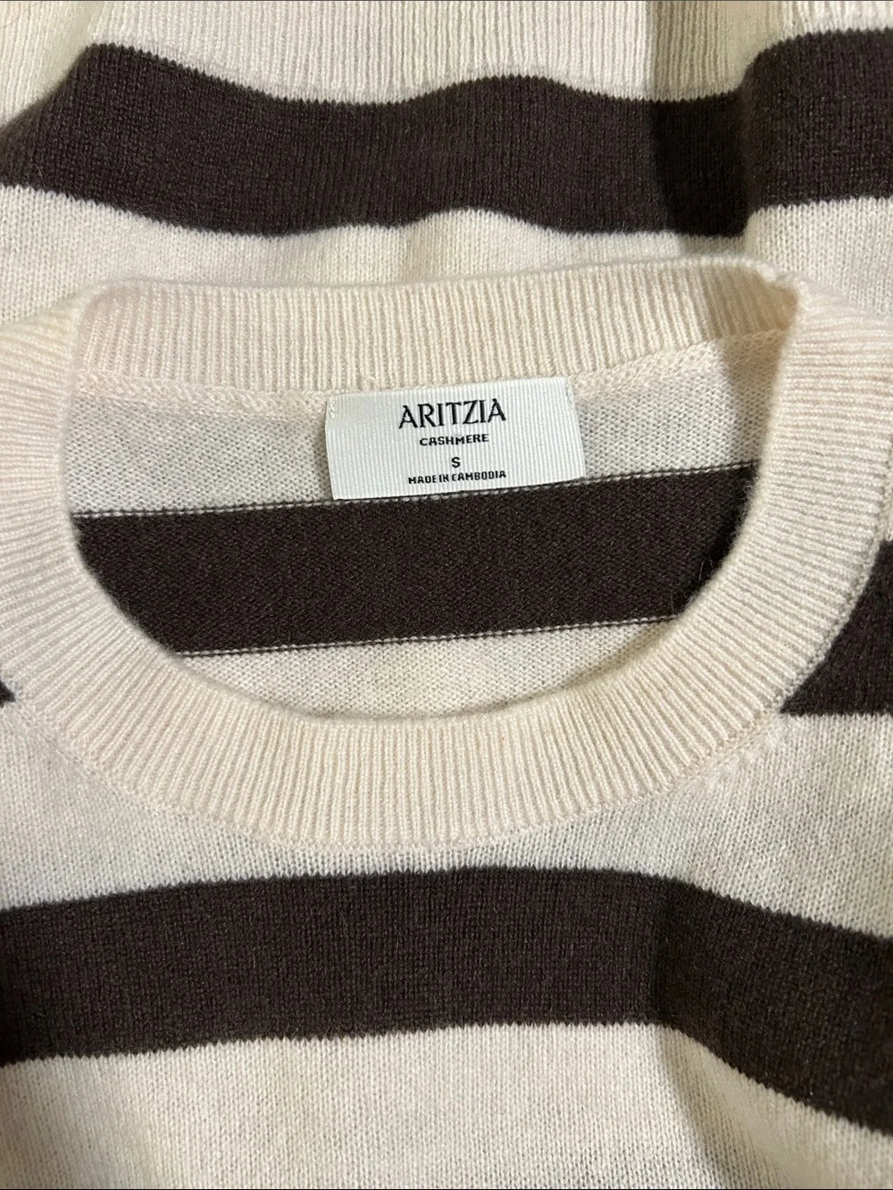 Aritzia Bare Cashmere Crewneck Brown Cream Stripe Sweater